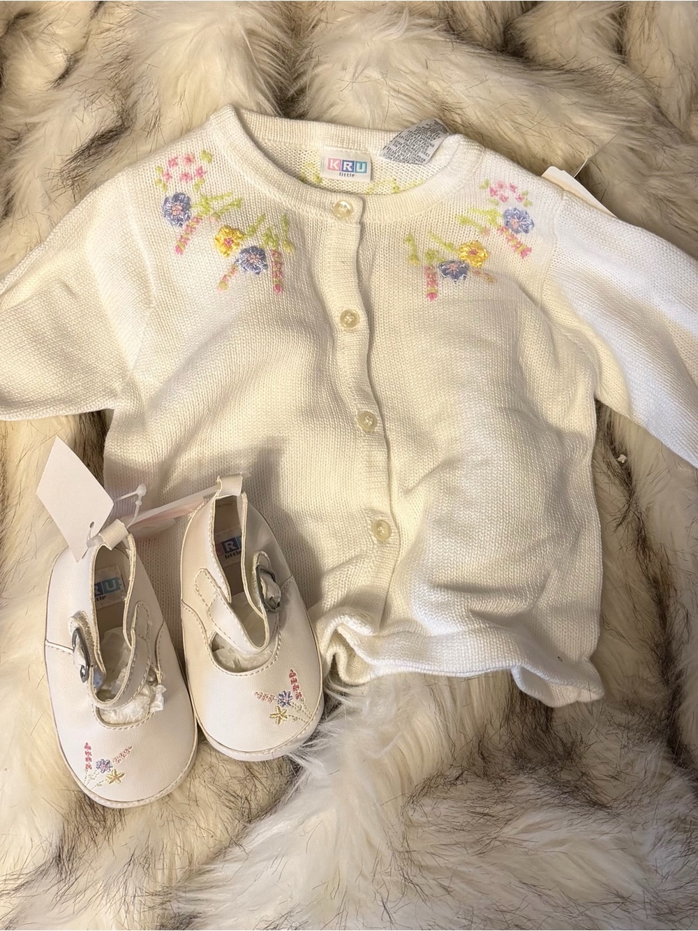 NWT KRU Cream Floral Knit Baby Cardigan & Mary Jane Set